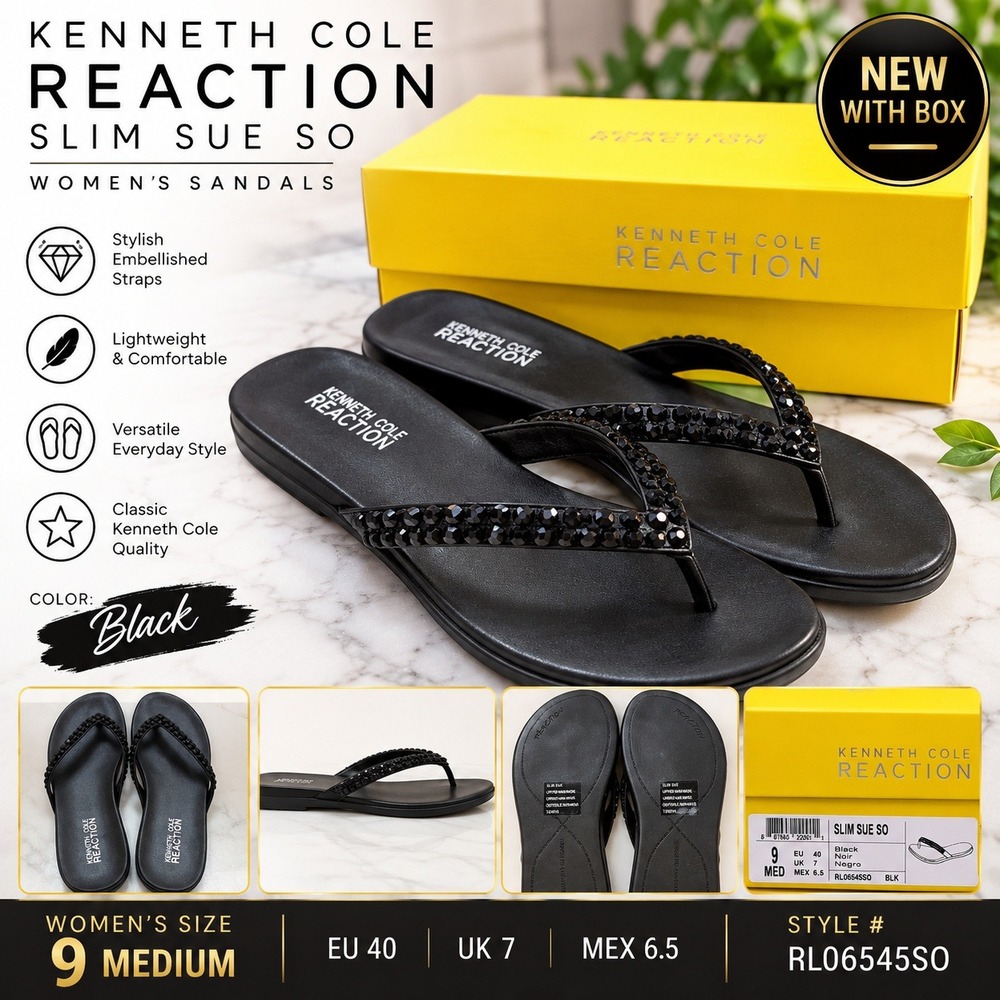 Kenneth Cole Reaction Slim Sue So Black Embellished Sandals RL06545SO Womens 9